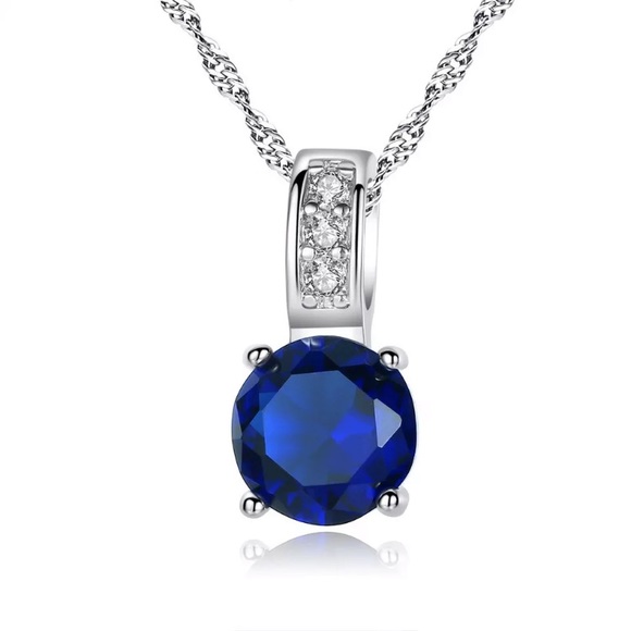 Round Sapphire Diamond Sterling Silver Necklace - Picture 3 of 4